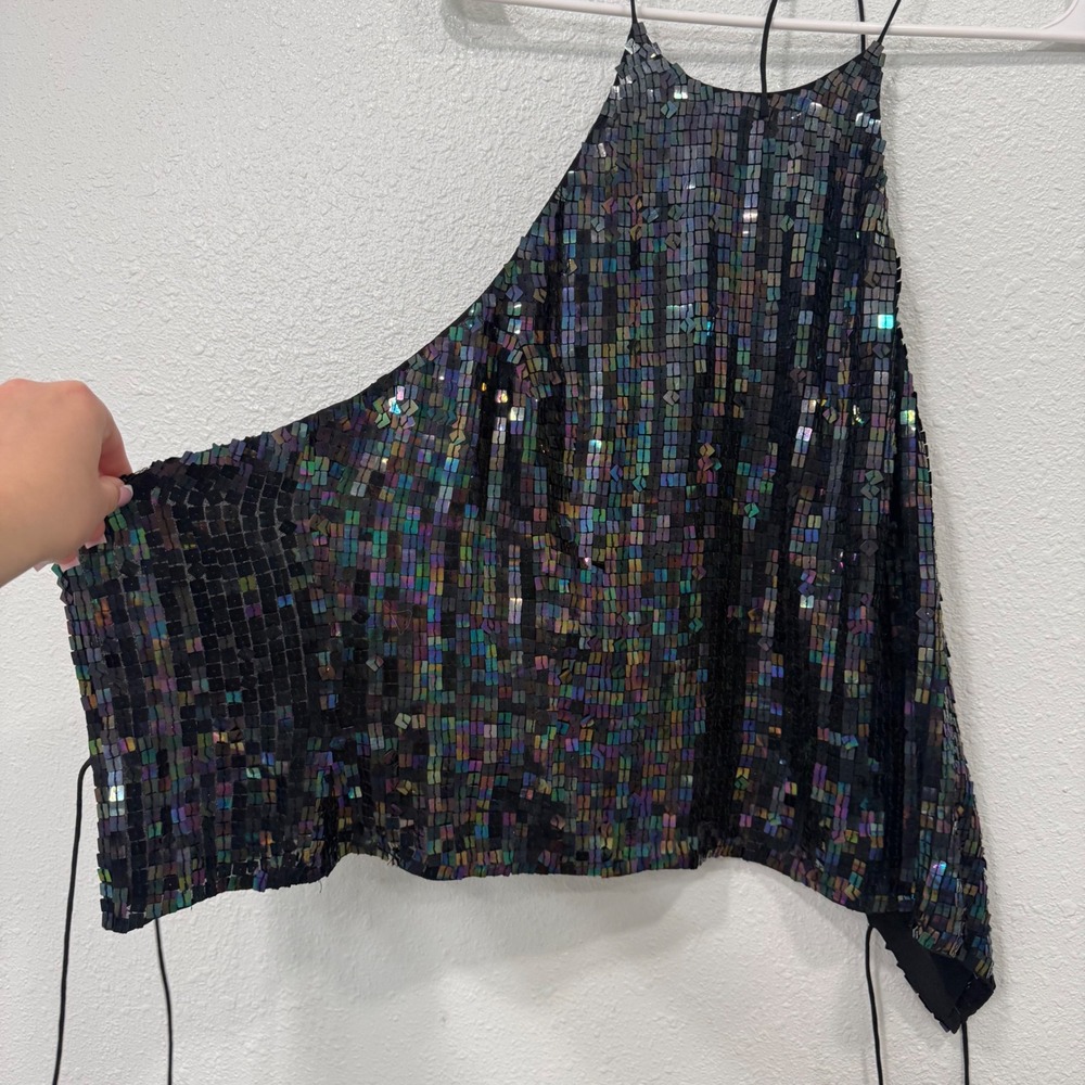 Ann Taylor Iridescent Sequin 100% Silk Halter Top Open Back Handkerchief Hem 10 - Picture 2 of 6